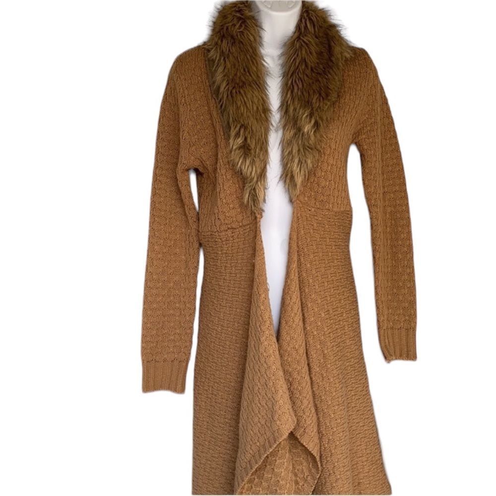 Proof faux fur long open front cardigan sweater M